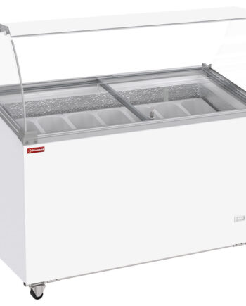Isfryser  381 Liter  Skydelåg På Hjul Med Buet Glas  Plads Til   Beholdere