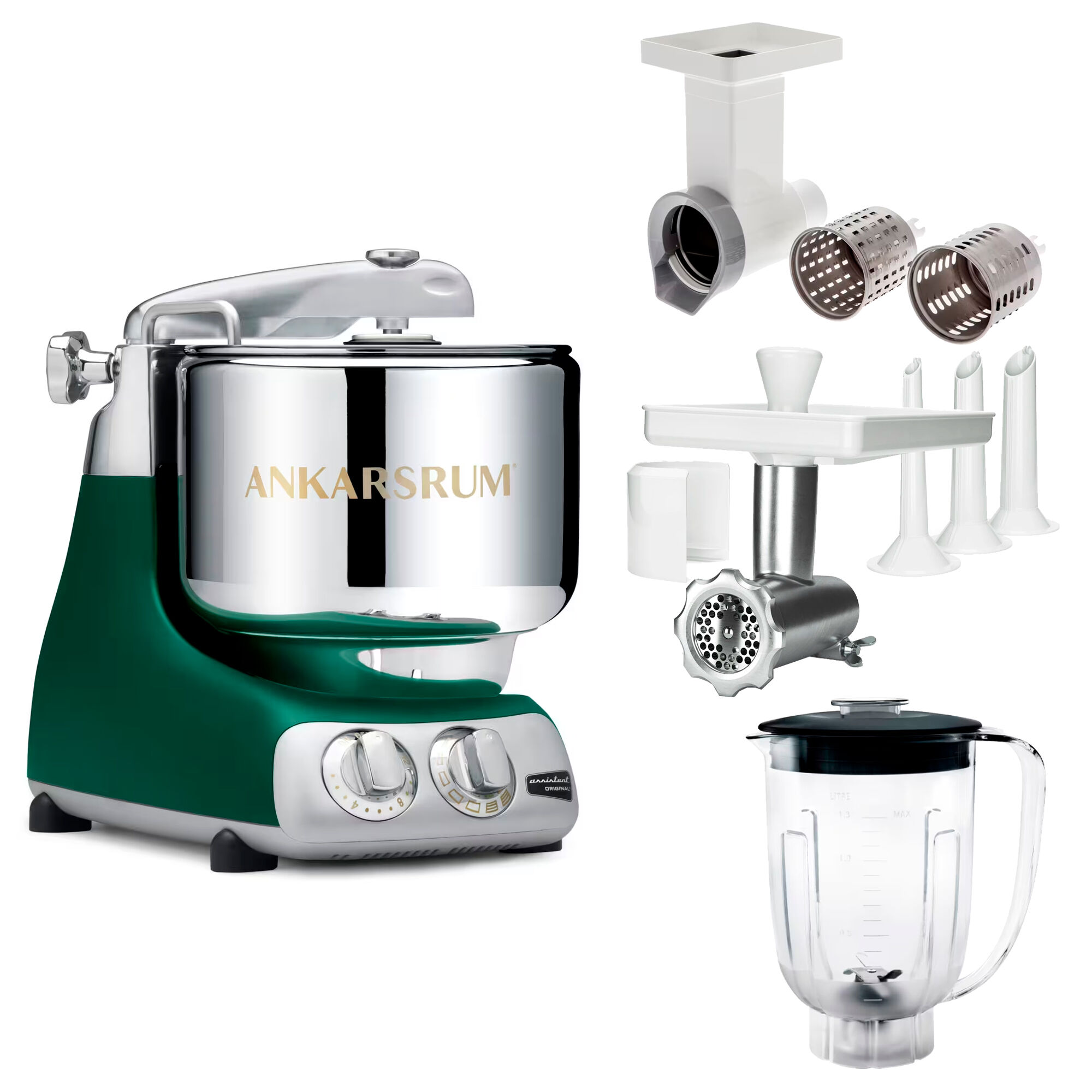 Ankarsrum Assistent Original Akm 6230 Køkkenassistent Med Kødkværn  Rive Skæretilbehør Og Blenderkande  Forest Green