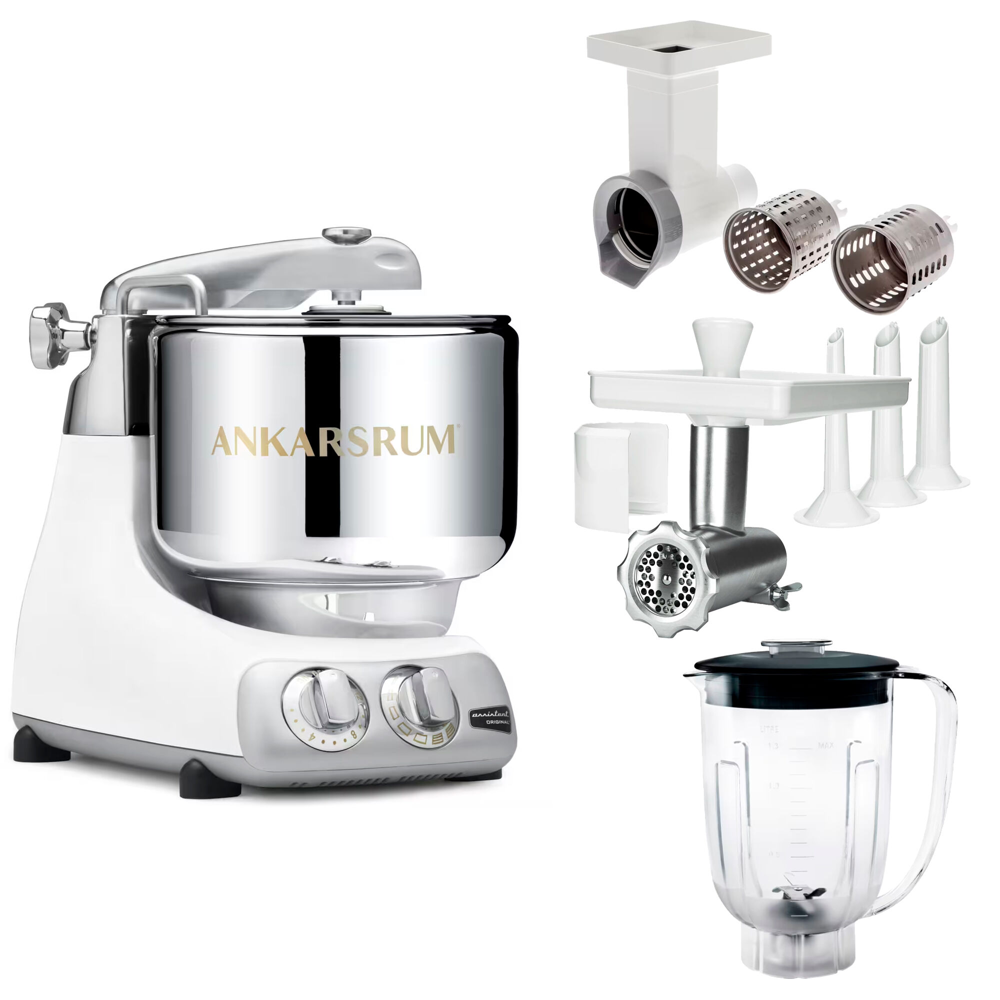 Ankarsrum Assistent Original Akm 6230 Køkkenassistent Med Kødkværn  Rive Skæretilbehør Og Blenderkande  Glossy White