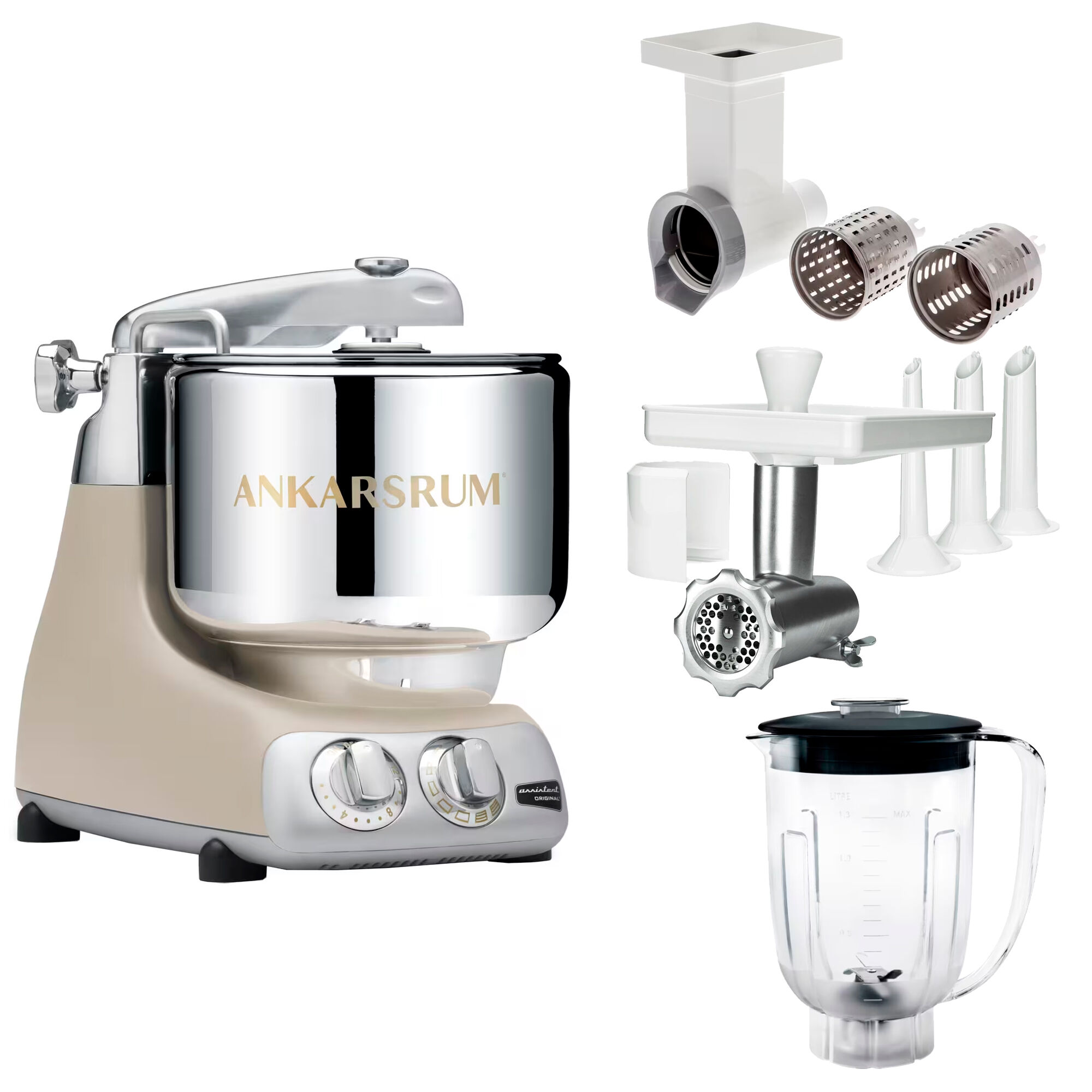 Ankarsrum Assistent Original Akm 6230 Køkkenassistent Med Kødkværn  Rive Skæretilbehør Og Blenderkande  Harmony Beige