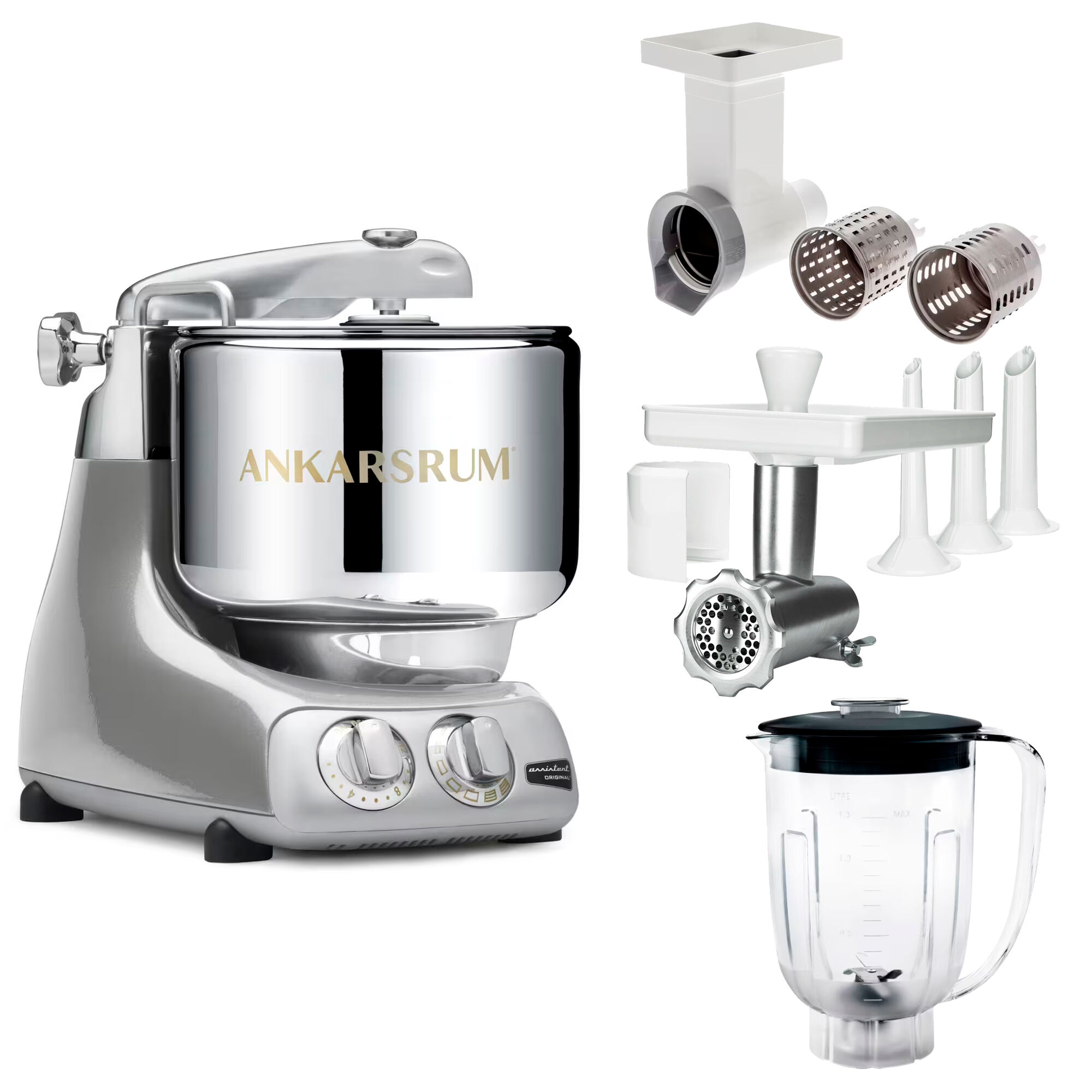 Ankarsrum Assistent Original Akm 6230 Køkkenassistent Med Kødkværn  Rive Skæretilbehør Og Blenderkande  Jubilee Silver