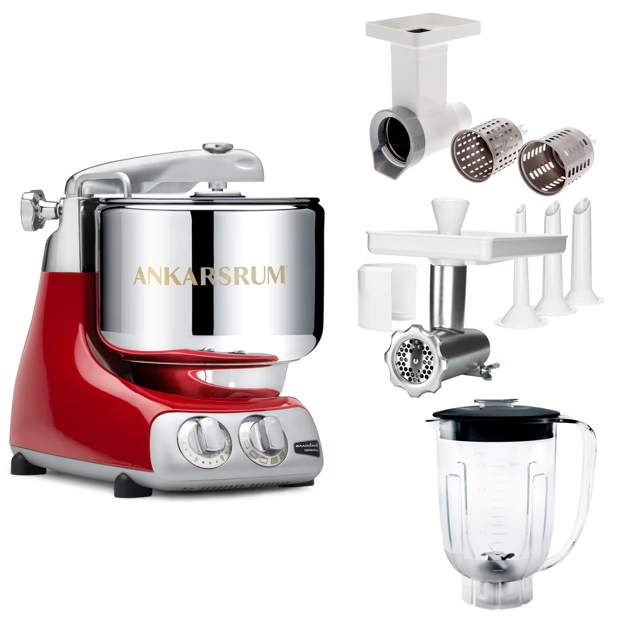 Ankarsrum Assistent Original Akm 6230 Køkkenassistent Med Kødkværn  Rive Skæretilbehør Og Blenderkande  Rød