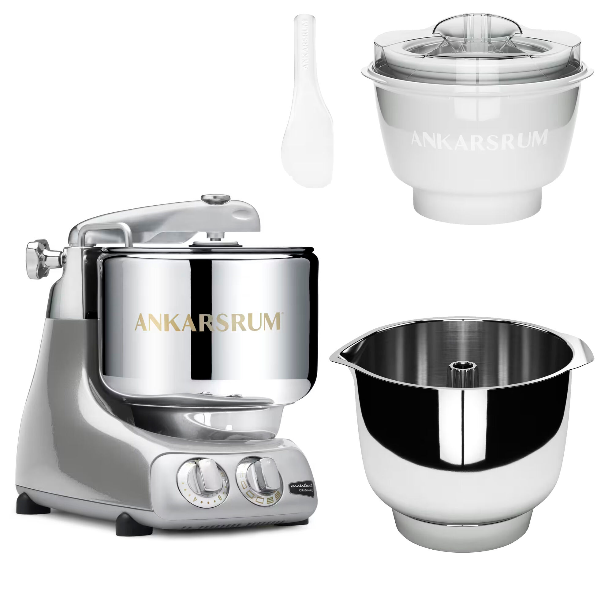 Ankarsrum Assistent Original Akm 6230 Køkkenmaskine Med Istilbehør Og Ekstra Piskeskål  Jubilee Silver
