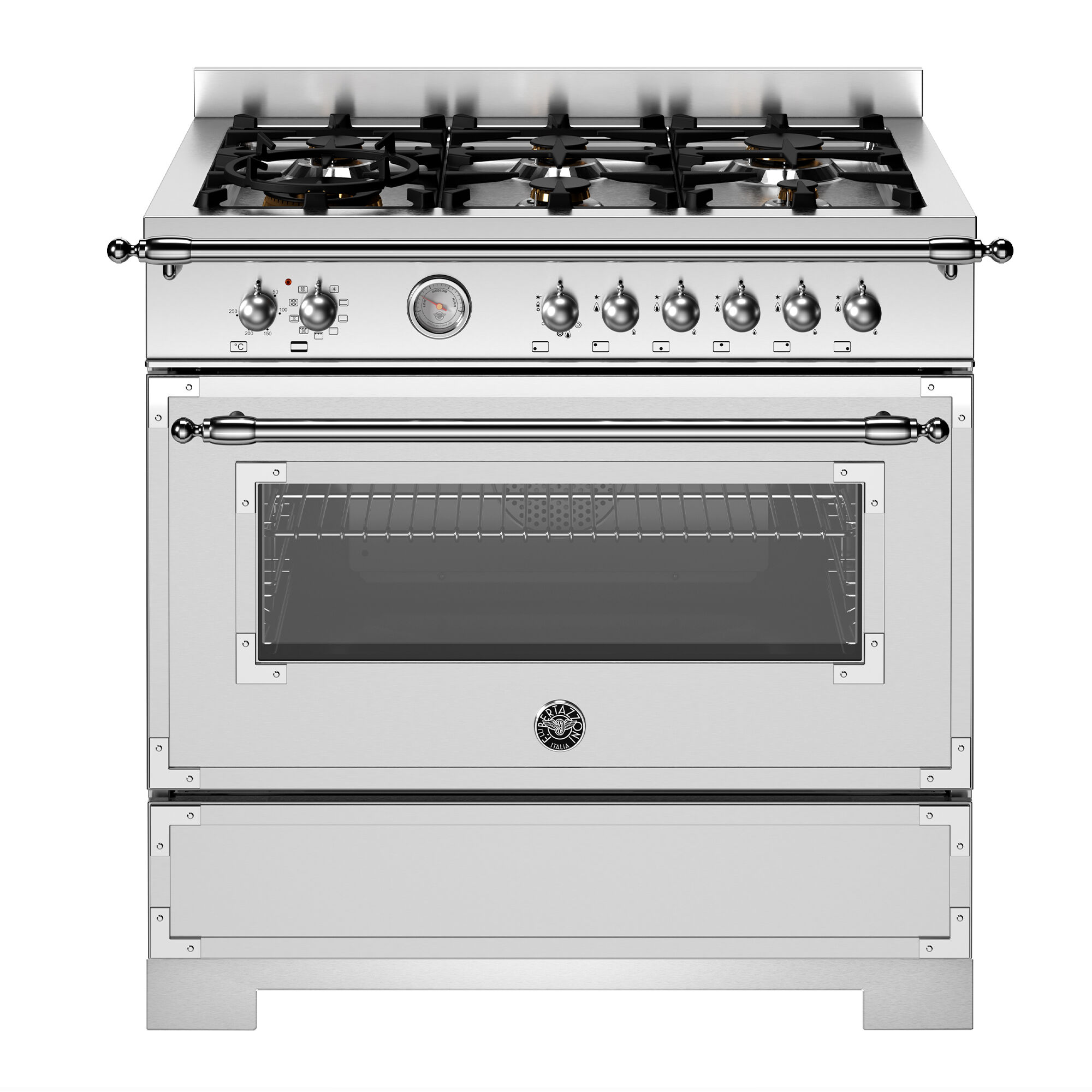 Bertazzoni Her96l1ext2 Heritage Gaskomfur 90 Cm Med   Brændere Og   Ovn  Rustfrit Stål