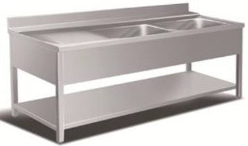 Bord   Rustfri Stål  Med   Vaske  Hylde Samt Fri Bordplads Til Venstre For Vaskene Dybde 600mm   1800     600     850 Mm