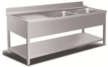Bord   Rustfri Stål  Med   Vaske  Hylde Samt Fri Bordplads Til Venstre For Vaskene Dybde 700mm   1400     700     850 Mm