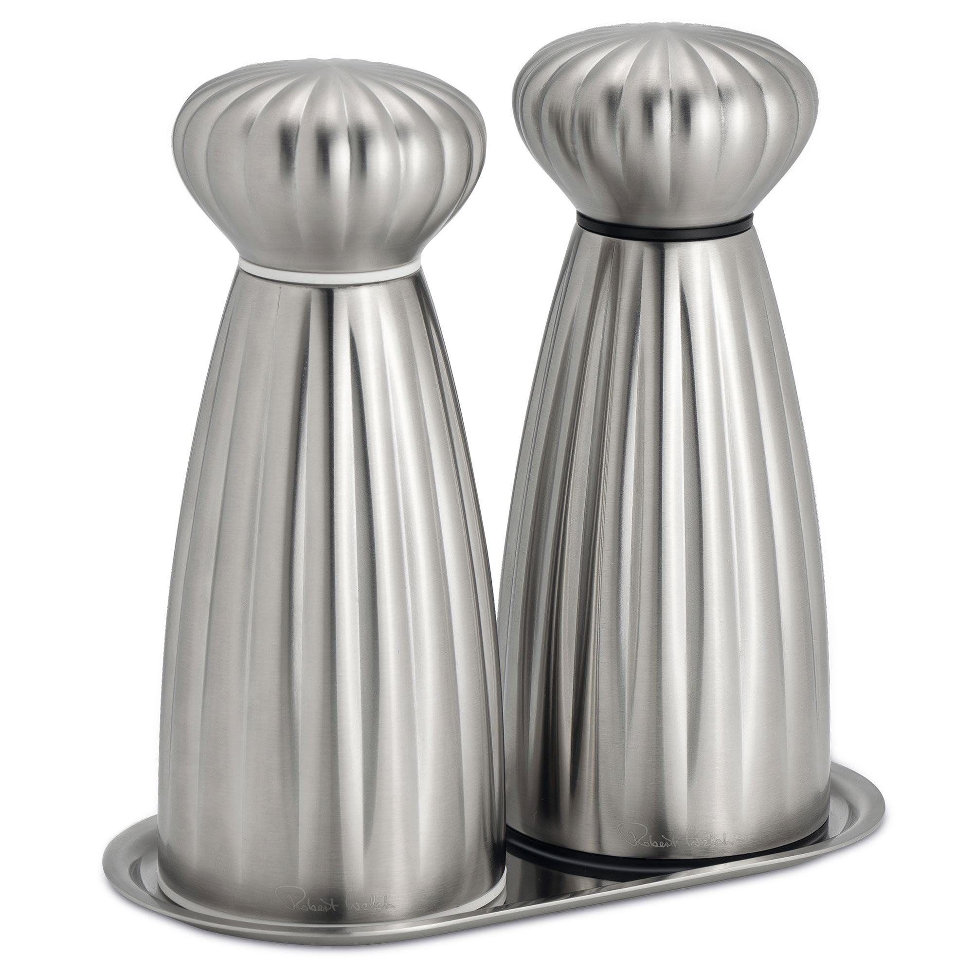 Robert Welch Palm Satin Salt- Og Peberkværn Med Fad 17 Cm  Rustfrit Stål
