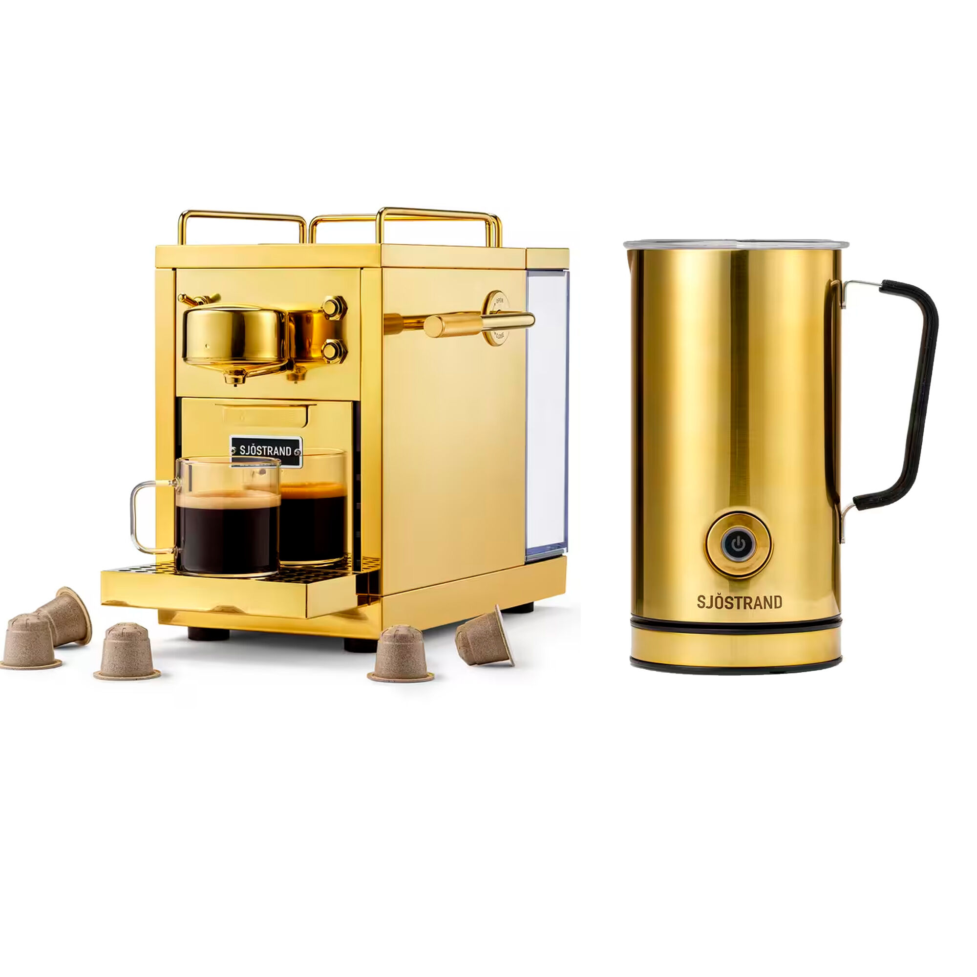 Sjöstrand Coffee Sjöstrand The Original   Kapselmaskine   Messing   Inkl  Mælkeskummer