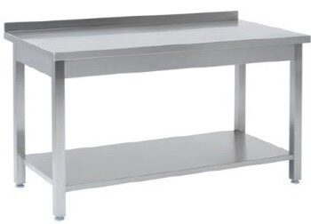 Tysk Produceret Arbejdsbord   Fuldsvejset Rustfri Stål Med Bagkant Samt Hylde  600mm   900     600     850 Mm
