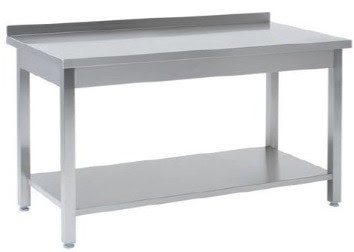 Tysk Produceret Arbejdsbord   Fuldsvejset Rustfri Stål Med Bagkant Samt Hylde  600mm   900     600     850 Mm