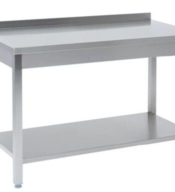Tysk Produceret Arbejdsbord   Fuldsvejset Rustfri Stål Med Bagkant Samt Hylde   700mm   800     700     850 Mm