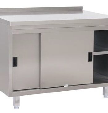 Tysk Produceret Arbejdsbord   Fuldsvejset Rustfri Stål Med Bagkant Samt   Hylder    Skydelåger   600mm   1500     600     850 Mm