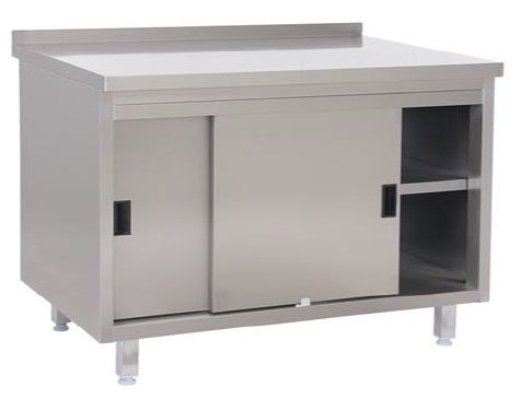Tysk Produceret Arbejdsbord   Fuldsvejset Rustfri Stål Med Bagkant Samt   Hylder    Skydelåger   600mm   1500     600     850 Mm