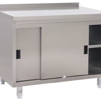 Tysk Produceret Arbejdsbord   Fuldsvejset Rustfri Stål Uden Bagkant Samt   Hylder    Skydelåger   600mm   1000     600     850 Mm