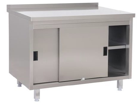 Tysk Produceret Arbejdsbord   Fuldsvejset Rustfri Stål Uden Bagkant Samt   Hylder    Skydelåger   600mm   1000     600     850 Mm
