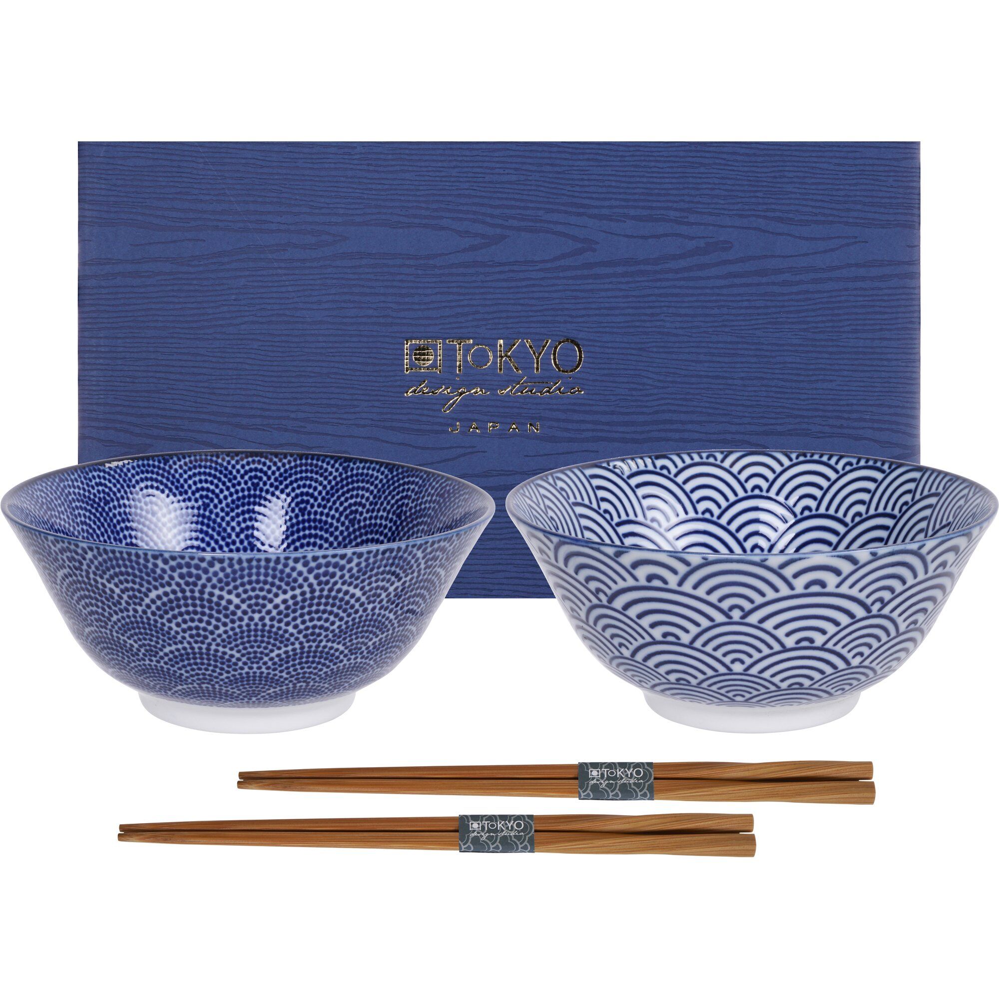 Tokyo Design Studio Nippon Blue Skålesæt Spisepinde Prikker Bølger