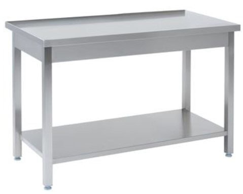 Tysk Produceret Arbejdsbord   Fuldsvejset Rustfri Stål Uden Bagkant Samt Hylde   700mm   500     700     850 Mm